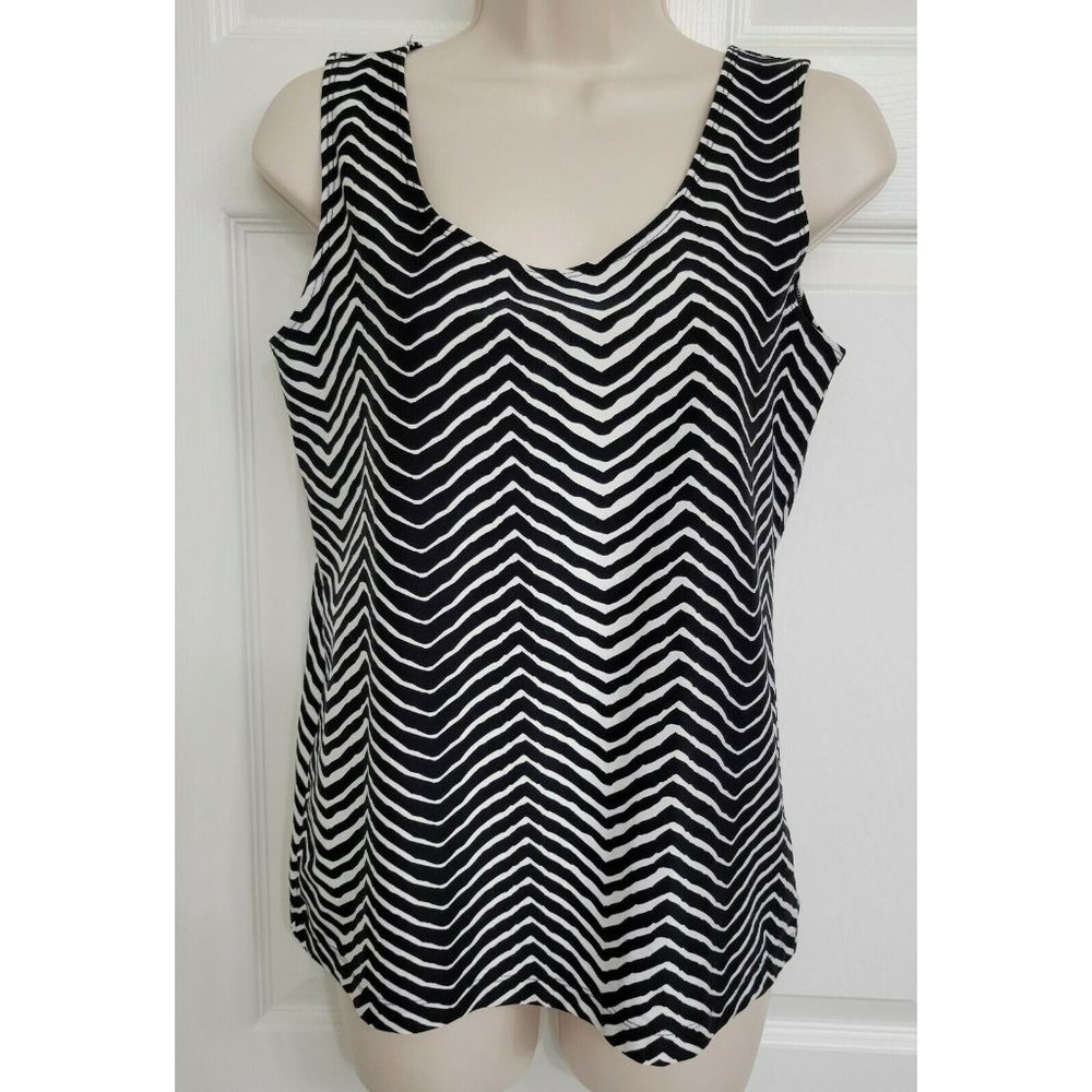 Chico's Size 1 Black White Chevron Scoop Neck Stretch Nylon Blend Knit Tank Top